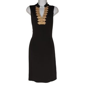 CAPPAGALLO Fiona Gold Metallic Trim Black Sleeveless V Neck Dress 6 Smal…